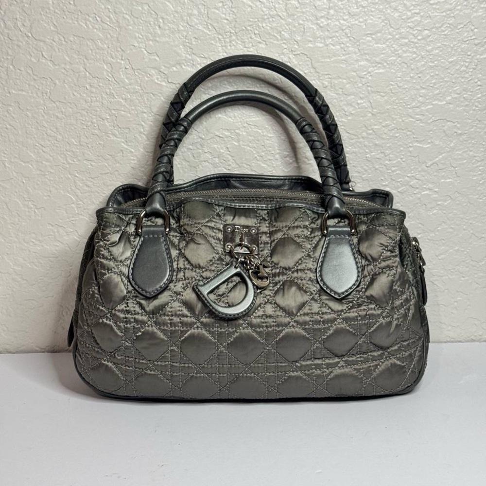 Christian Dior Vintage Iconic Cannage Lady Boston Bag in Metallic Grey